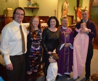 Peter, Julie, Melissa, Macklan, Father Cruikshank, Peter holding Eva